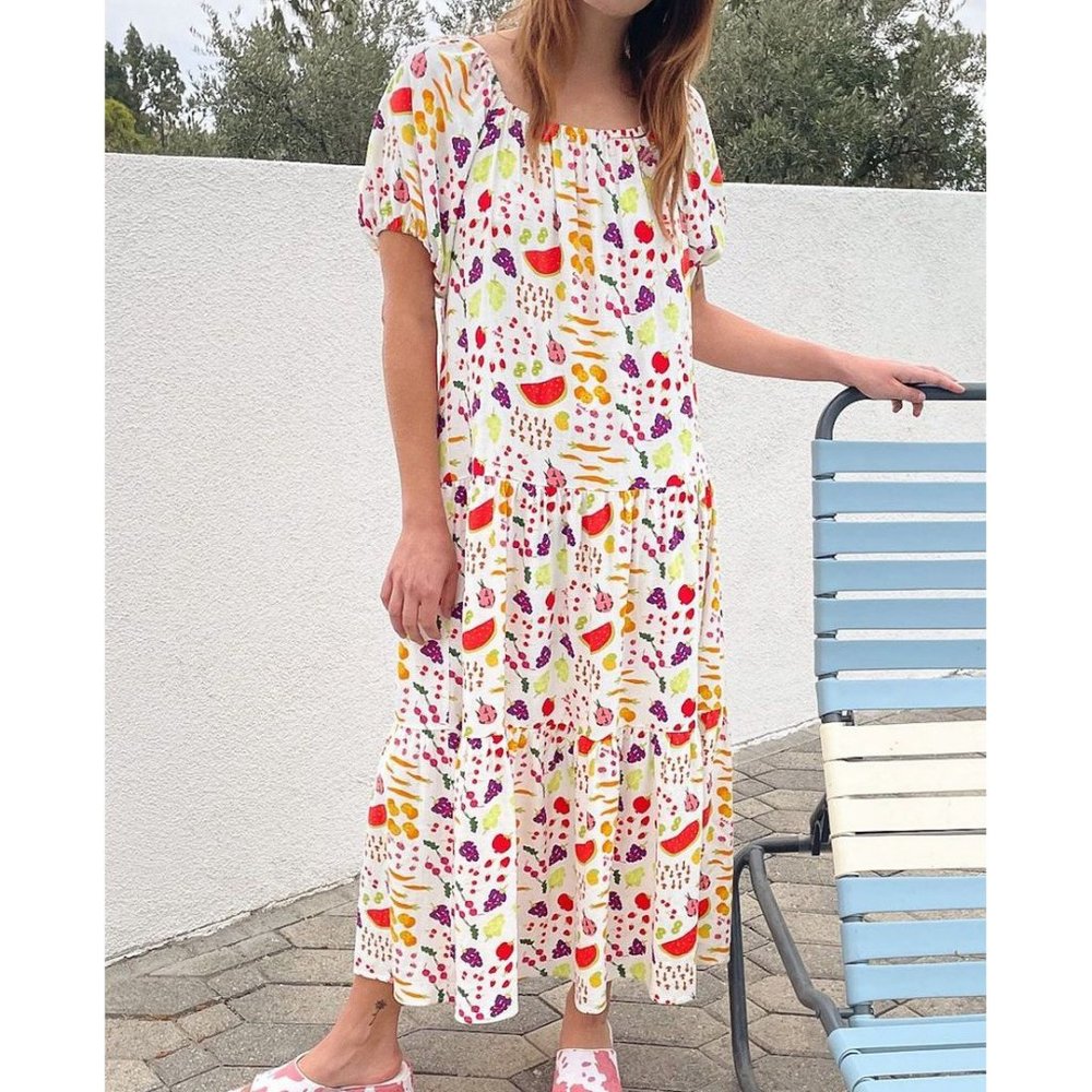 NWT Lisa Says Gah Joni Farmers Market Fruit Food Print Maxi Dress White Veggie M